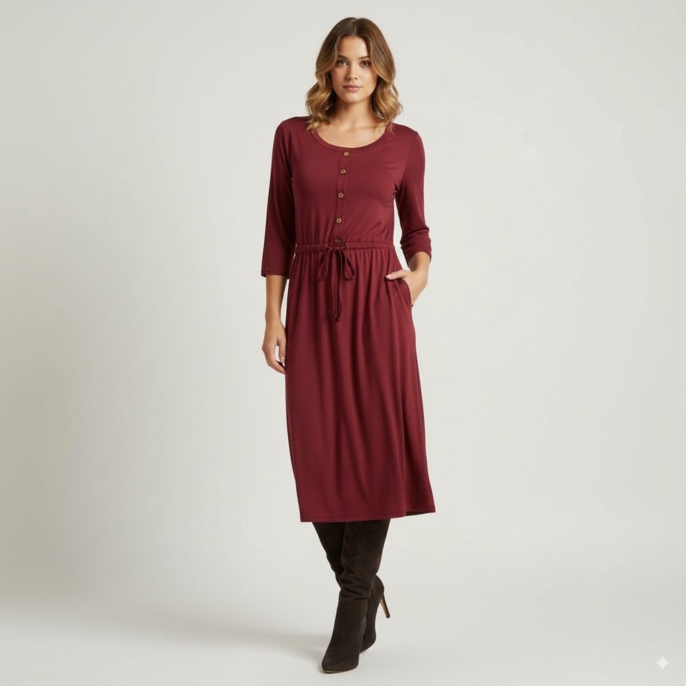 Reborn J Women's Knit Midi Dress Red 3/4‎ Sleeve Drawstring Waist Casual Size S